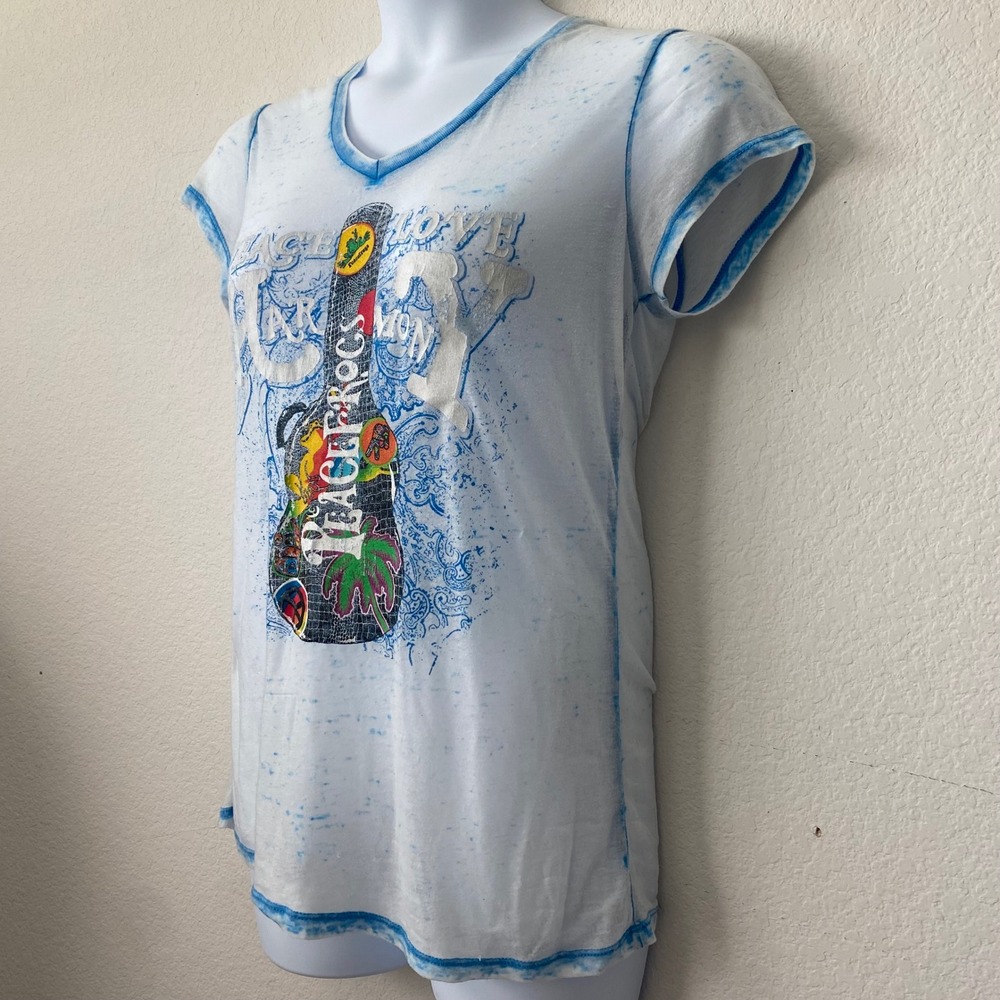 Peace Frogs Y2K Graphic Tee Womens XL White Blue Acid Wash Burnout V Neck Guitar - Picture 2 of 10